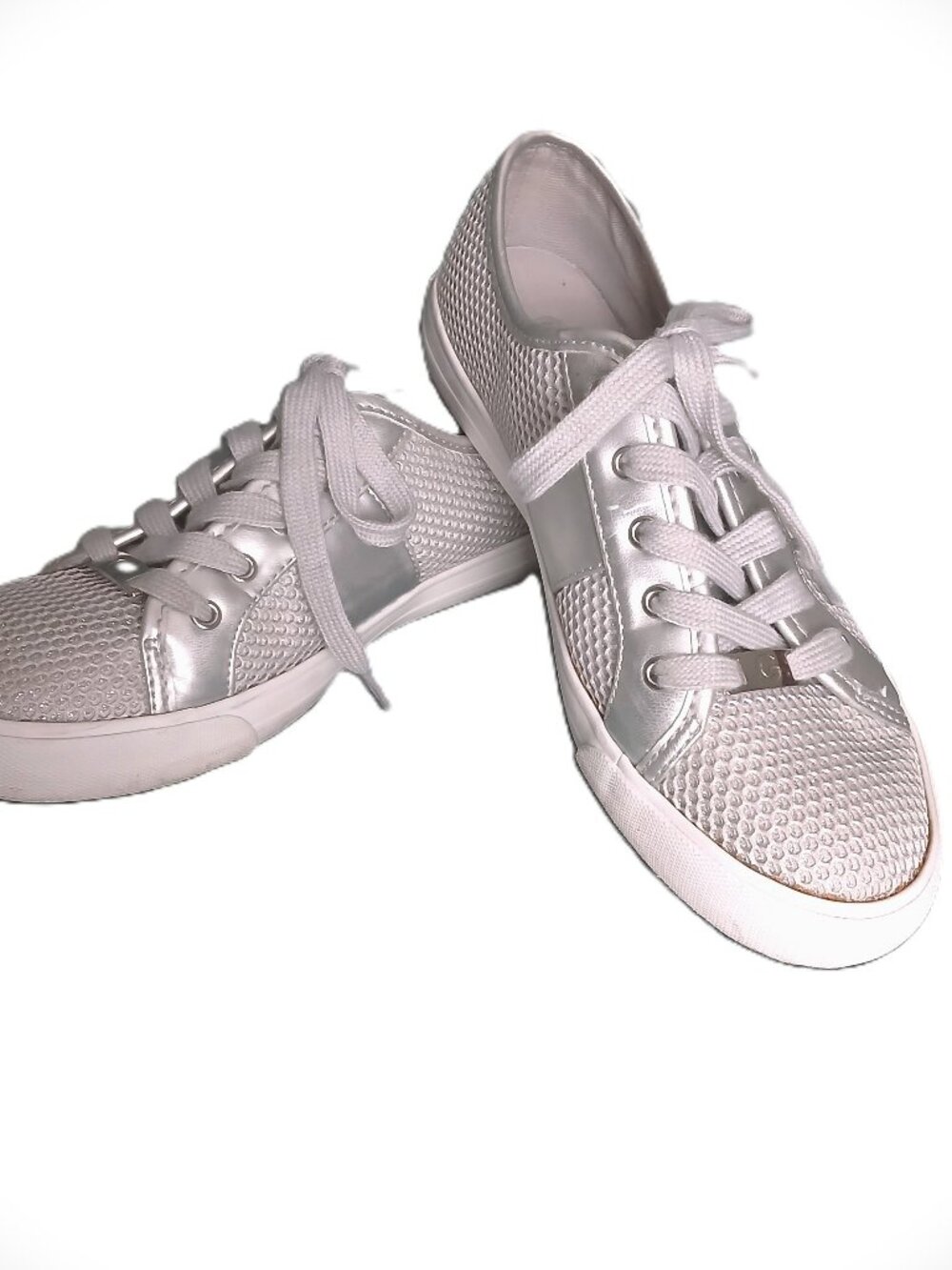 G by GUESS Metallic Silver Mesh Lace Up Sneakers Size 8